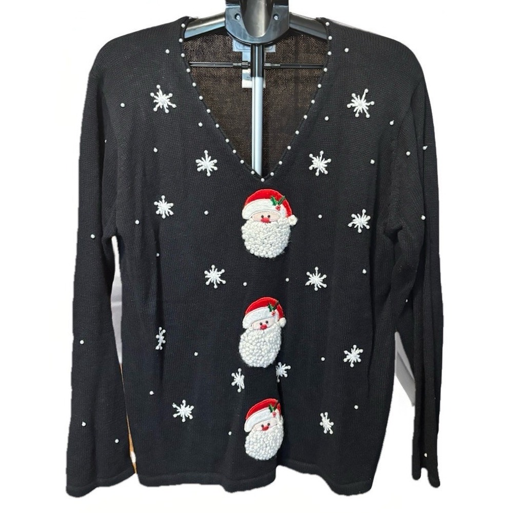 Vintage Womens XL Mandal Bay Black Sweater V Neck Beaded Ugly Christmas Sweater